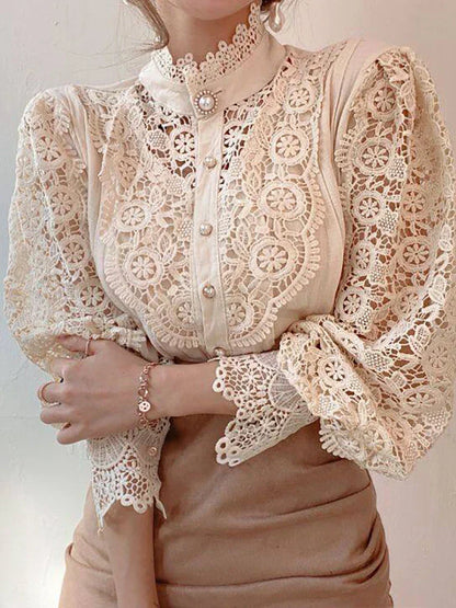 Chemise Col Haut Manches Bouffantes Dentelle Femme