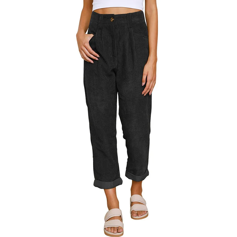 Pantalon velours femme taille élastique coupe droite côtelé couleur unie