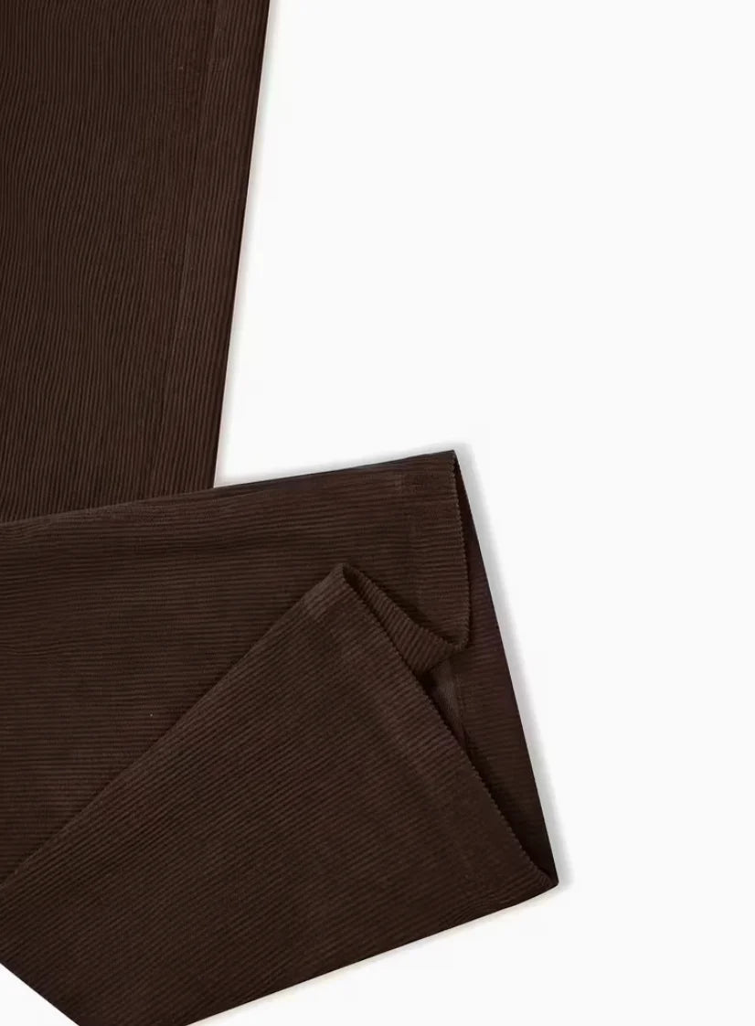 Pantalon velours côtelé femme large marron taille moyenne