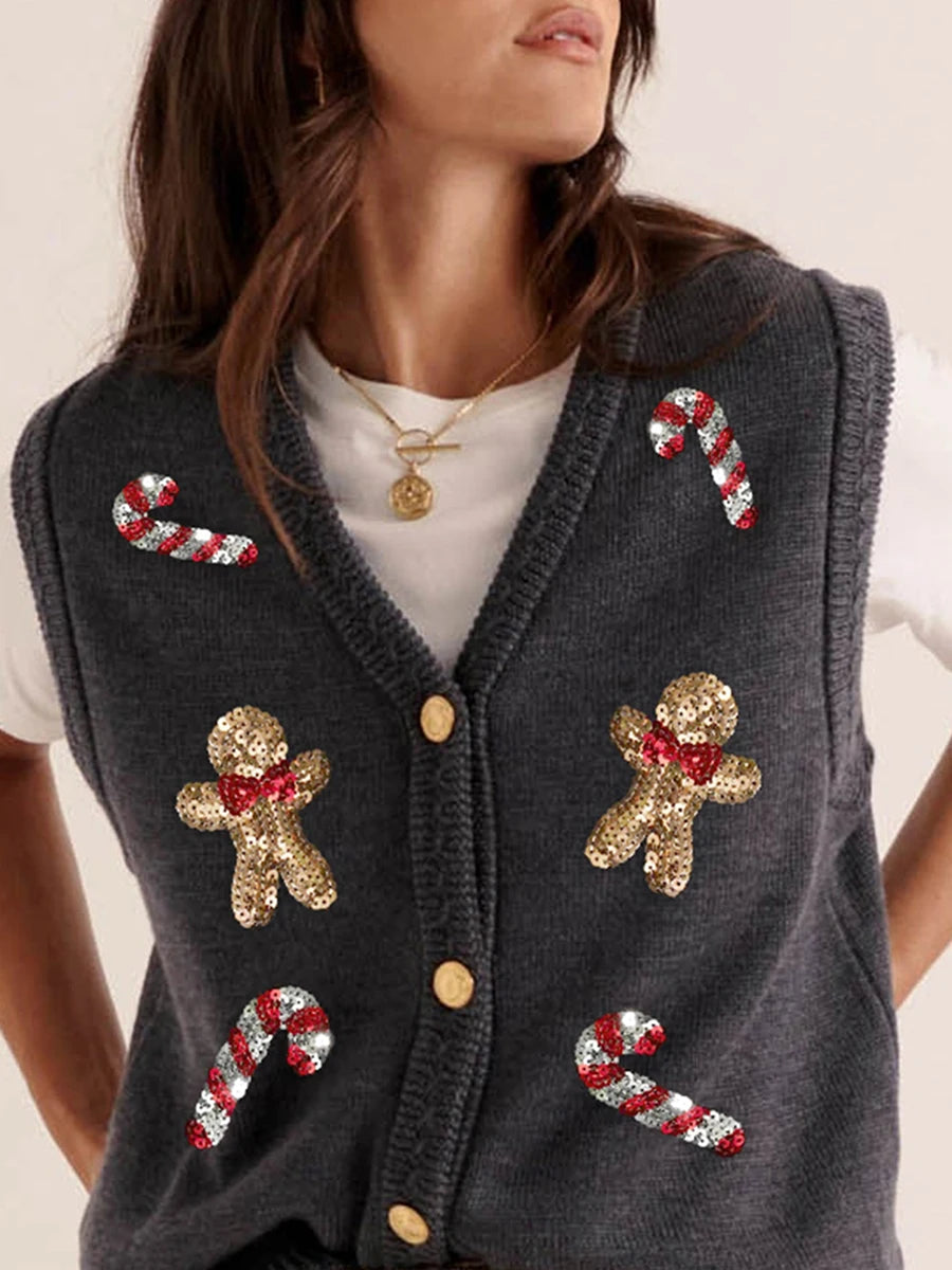Pull de Noël femme gilet sequins paillettes motif Casse-Noisette sans manches