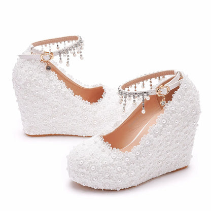 Sandales mariage ivoire strass talons compensés femme bout rond bride boucle