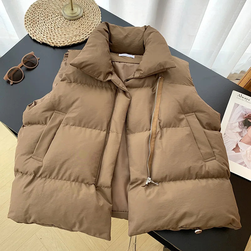Doudoune courte femme sans manches col montant zippée automne hiver