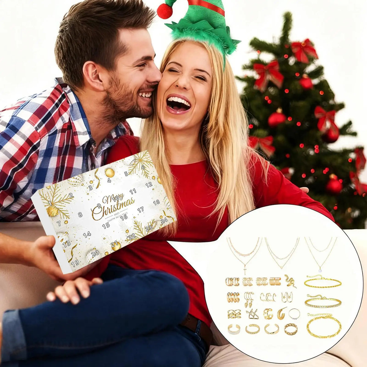 Calendrier de l'avent bijoux doré 24 jours Noël Femme Cadeau