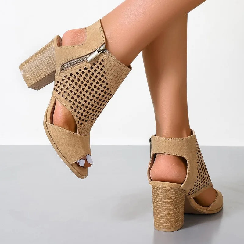 Sandales femme à talon chunky | Khaki, fermeture éclair, ouverture arrière