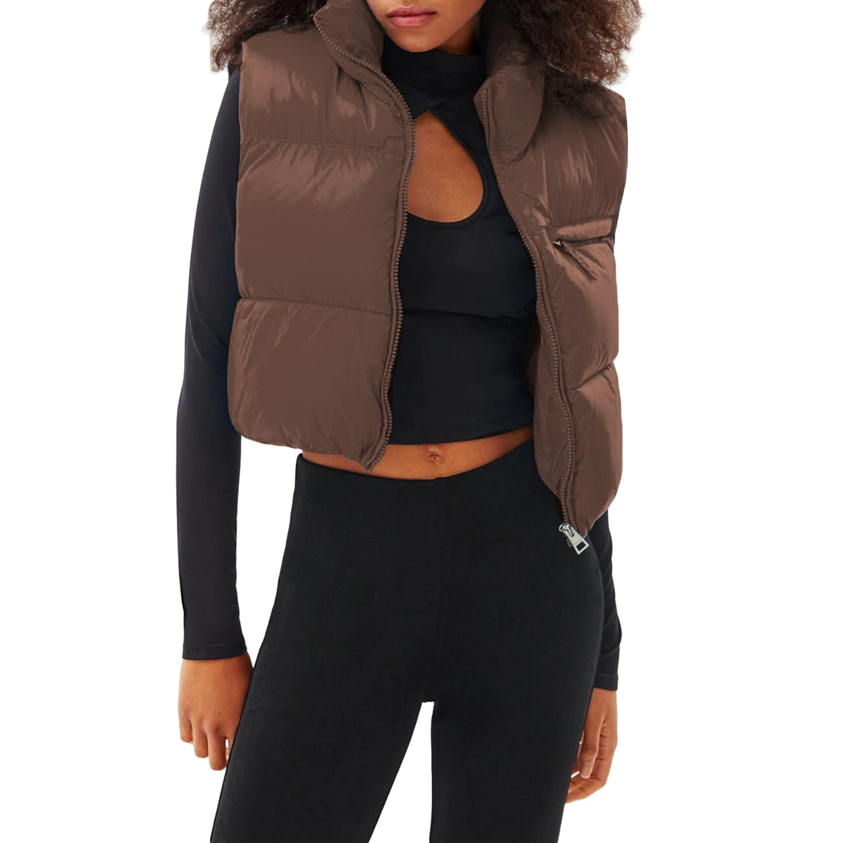 Doudoune courte femme sans manches zippée légère couleur unie