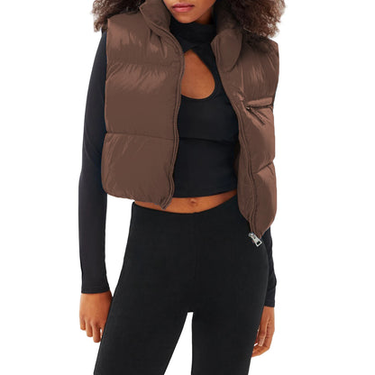 Doudoune courte femme sans manches zippée légère couleur unie