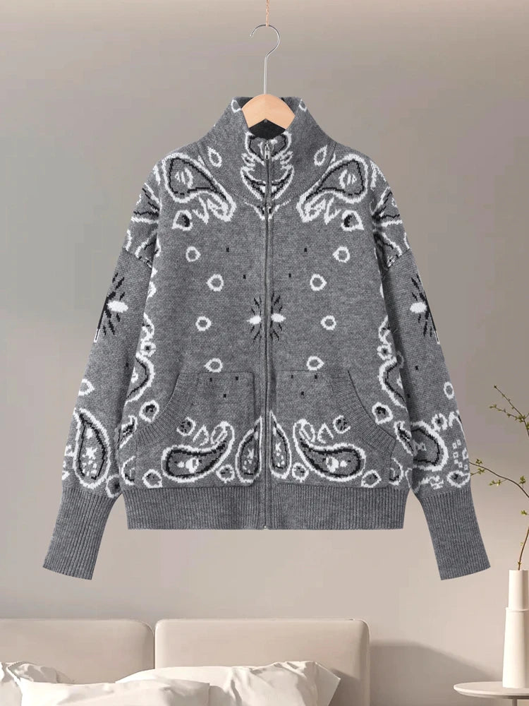 Cardigan femme tricoté jacquard col montant zippé manches longues coupe ample