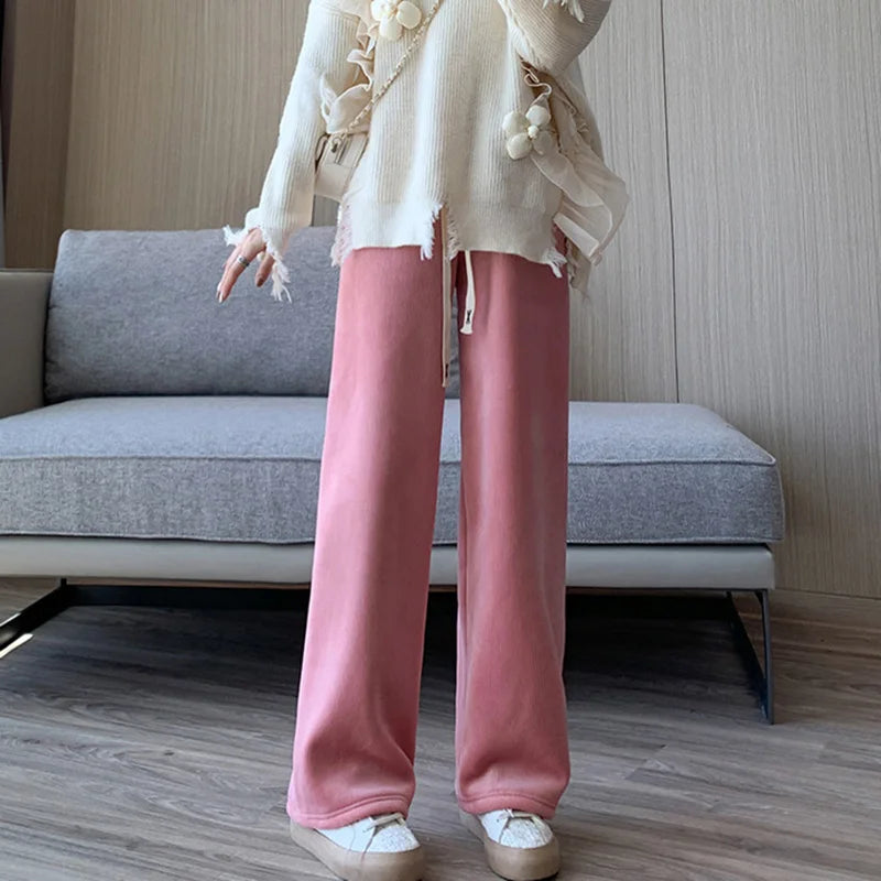 Pantalon velours femme taille élastique côtelé jambe large hiver