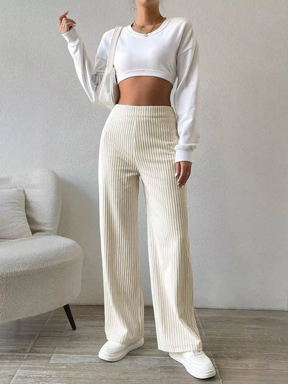 Pantalon velours femme jambe large taille haute chaud hiver couleur unie