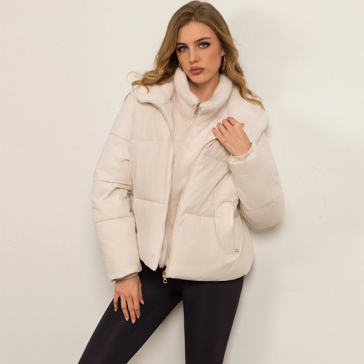 Manteau matelassé femme col montant fausse double pièce chaud hiver
