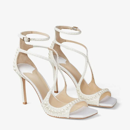 Sandales Talons Hauts Femme | Bride Perles, Ouverture Avant, Blanc