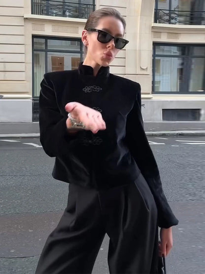 Manteau velours femme col montant et boutonnage simple vintage