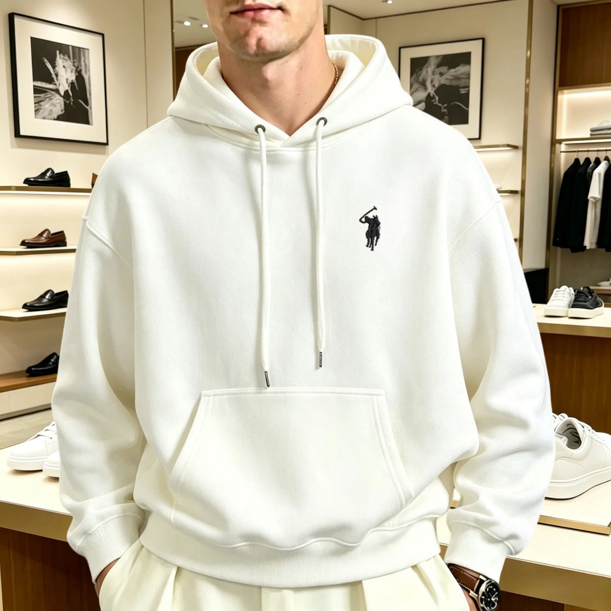 Sweatshirt à capuche oversize brodé unisexe coupe loose manches longues