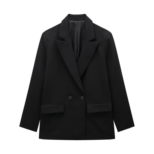 Blazer femme double boutonnage manches longues col en V cranté