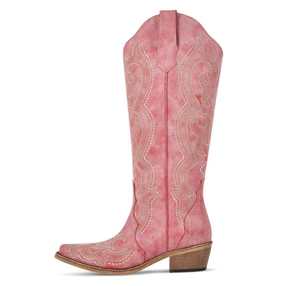 Bottes de Cowboy Femme | Montantes Genou, Broderie Occidentale, Talon Épais