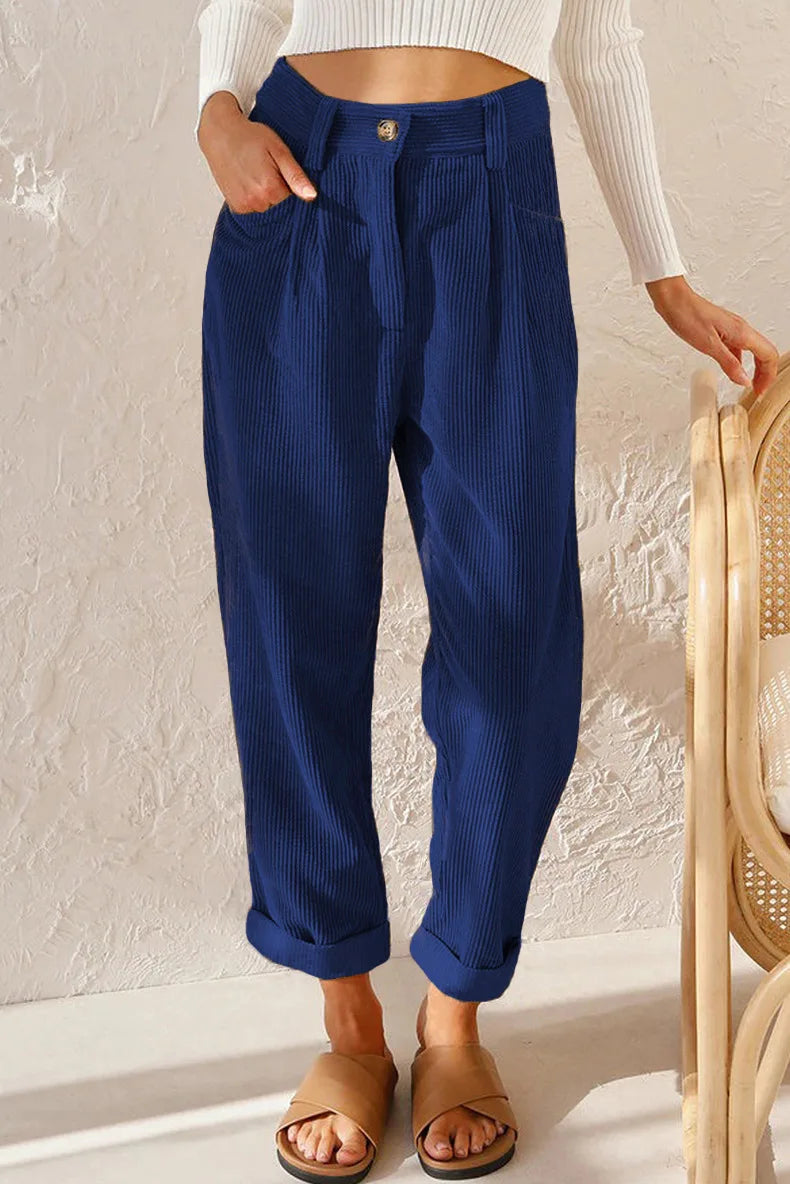 Pantalon velours femme taille élastique coupe droite côtelé couleur unie