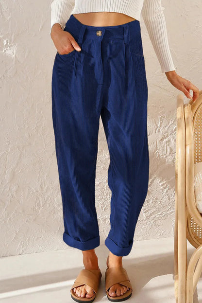 Pantalon velours femme taille élastique coupe droite côtelé couleur unie
