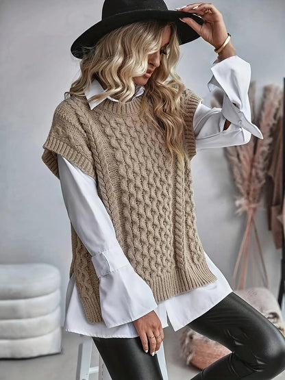 Gilet femme tricot torsadé col rond coupe ample légèrement allongée