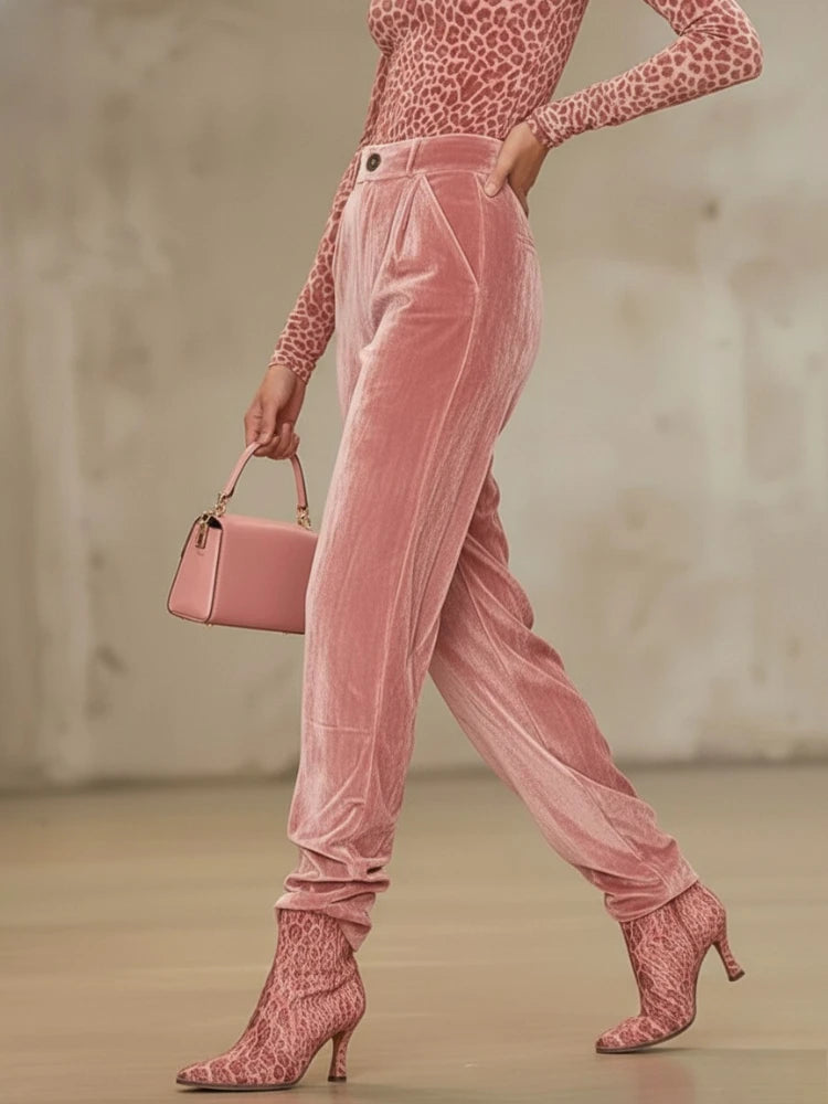 Pantalon velours femme taille haute plissé