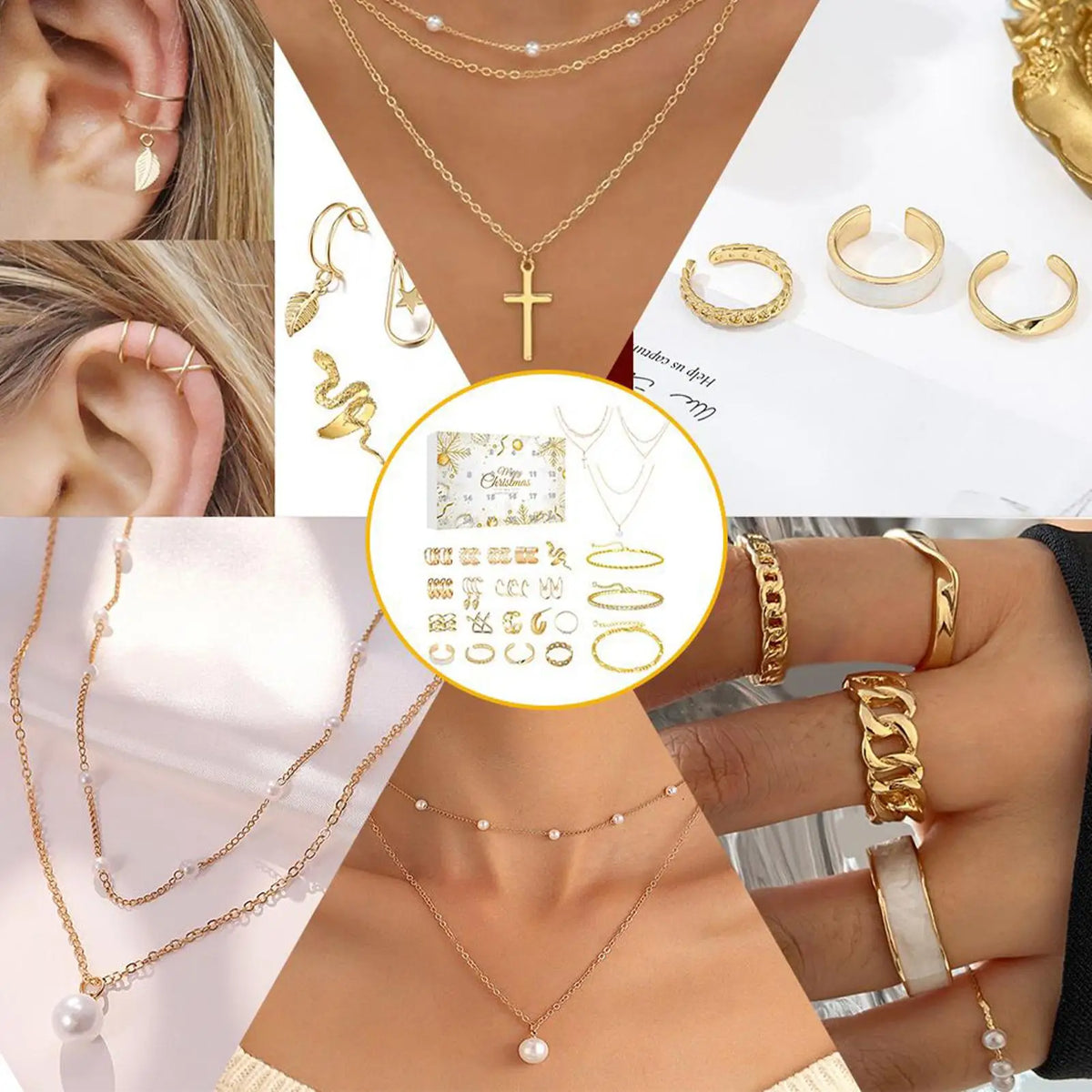 Calendrier de l'avent bijoux doré 24 jours Noël Femme Cadeau