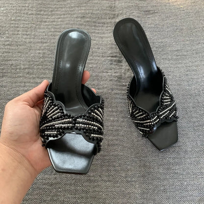 Sandales Femme Talon Haut Perles Orteil Carré
