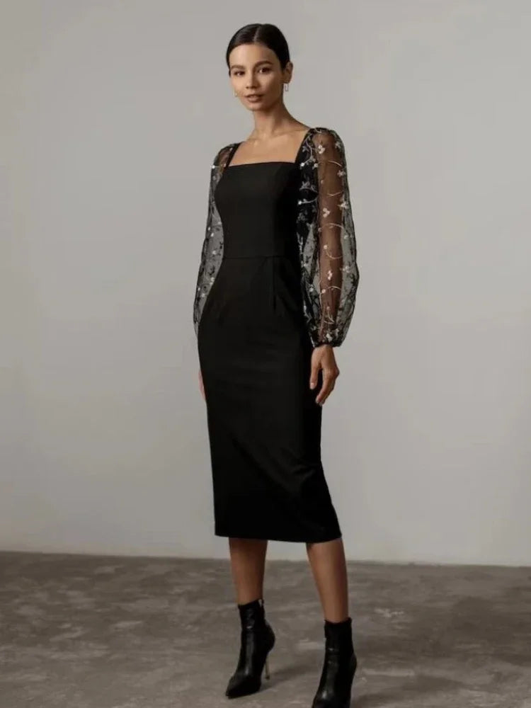 Robe de soirée midi élégante - manches en tulle