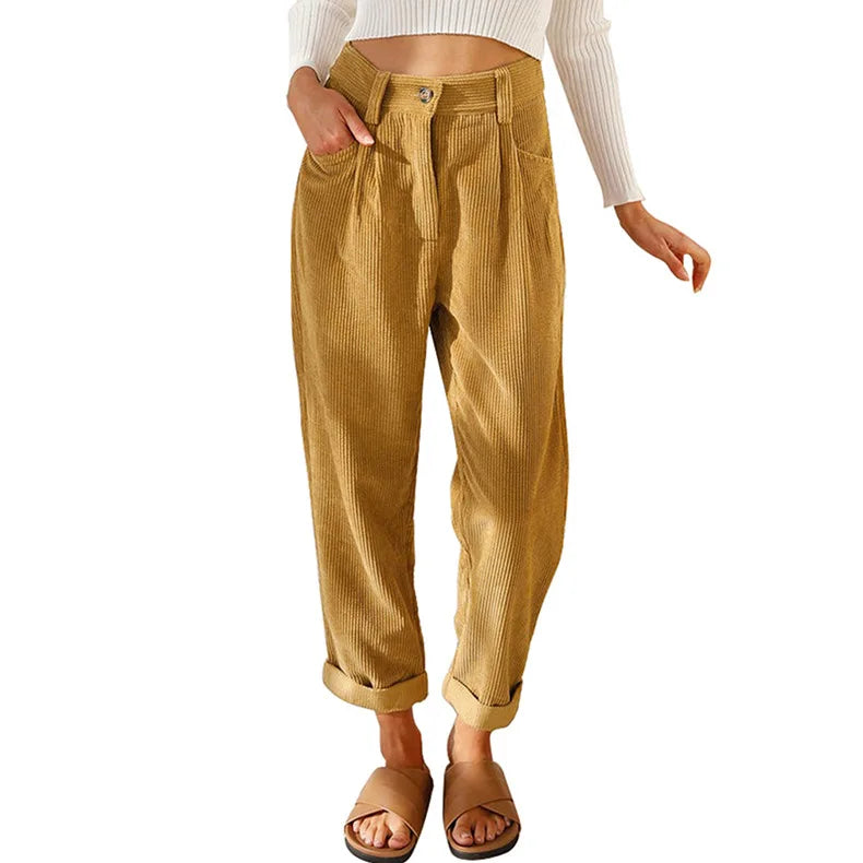 Pantalon velours femme taille élastique coupe droite côtelé couleur unie