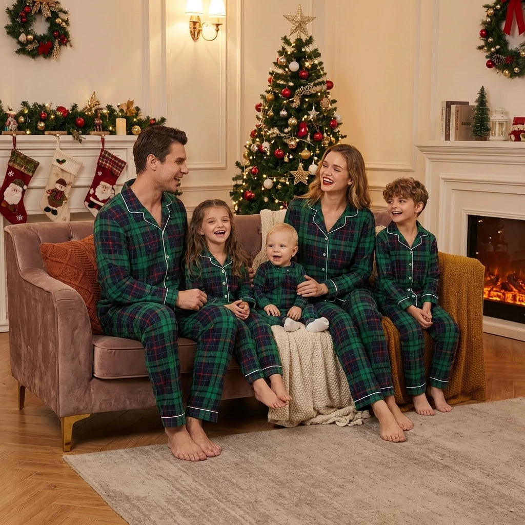 Pyjama Noël famille assorti carreaux 2 pièces adultes et enfants