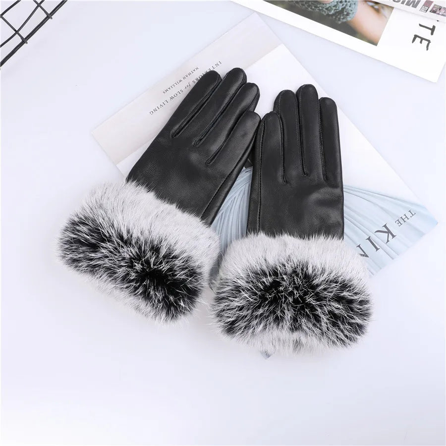 Gants cuir agneau femme doublure polaire avec poignets fourrure lapin