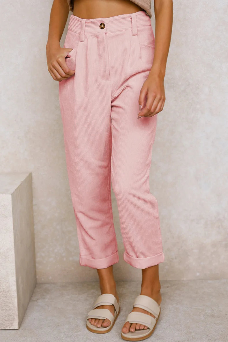 Pantalon velours femme taille élastique coupe droite côtelé couleur unie