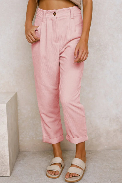 Pantalon velours femme taille élastique coupe droite côtelé couleur unie