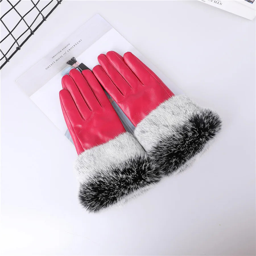 Gants cuir agneau femme doublure polaire avec poignets fourrure lapin