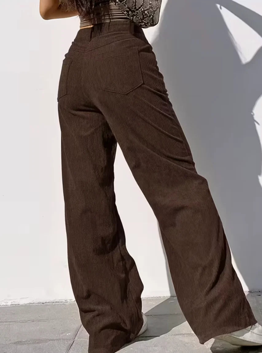 Pantalon velours côtelé femme large marron taille moyenne