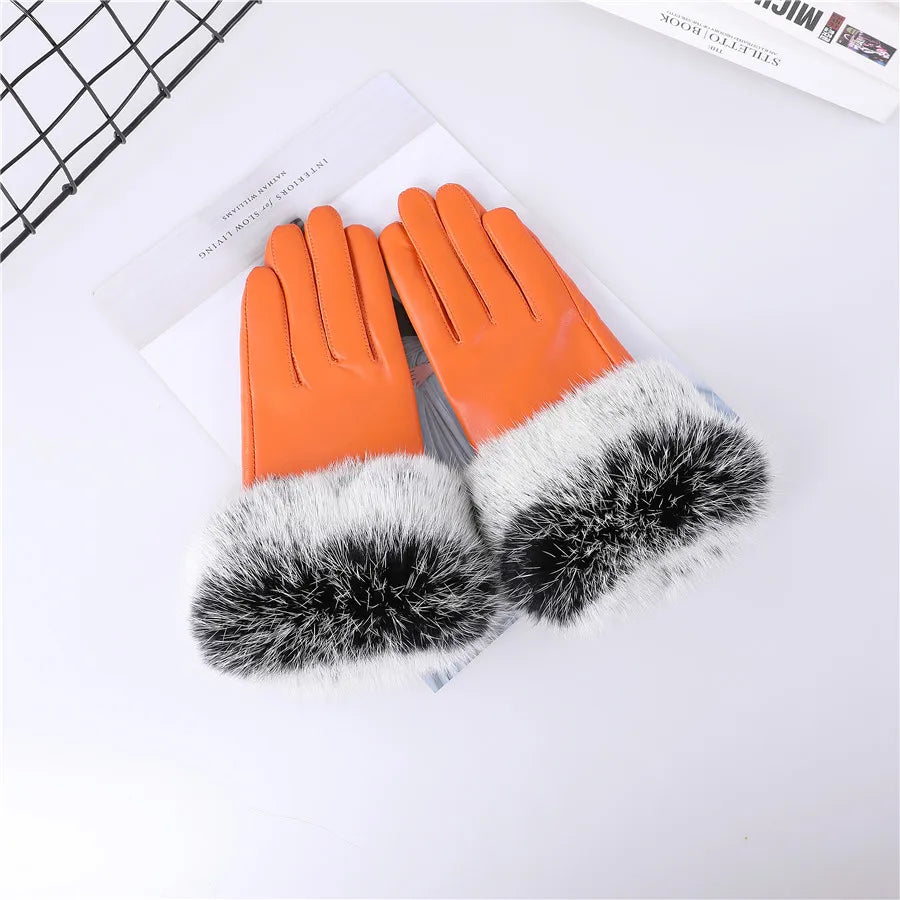 Gants cuir agneau femme doublure polaire avec poignets fourrure lapin