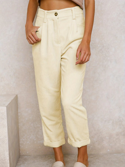 Pantalon velours femme taille élastique coupe droite côtelé couleur unie