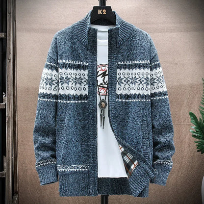 Cardigan homme coton épais col montant zippé automne hiver