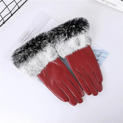 Gants cuir agneau femme doublure polaire avec poignets fourrure lapin