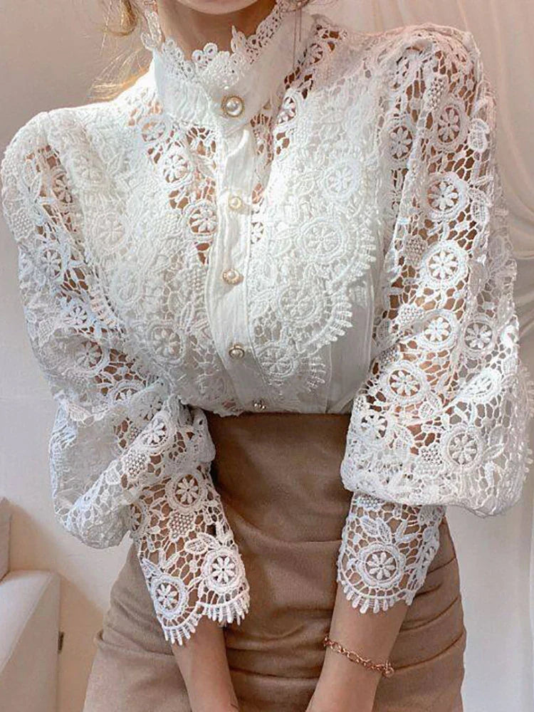 Chemise Col Haut Manches Bouffantes Dentelle Femme