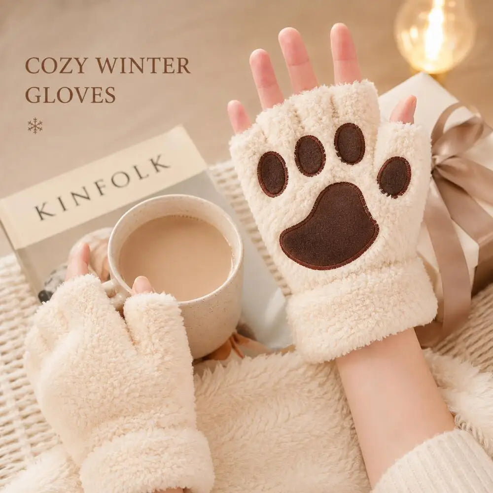 Gants sans doigts polaire patte de chat femme avec cordon anti-perte hiver