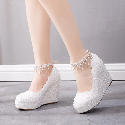 Sandales mariage ivoire strass talons compensés femme bout rond bride boucle