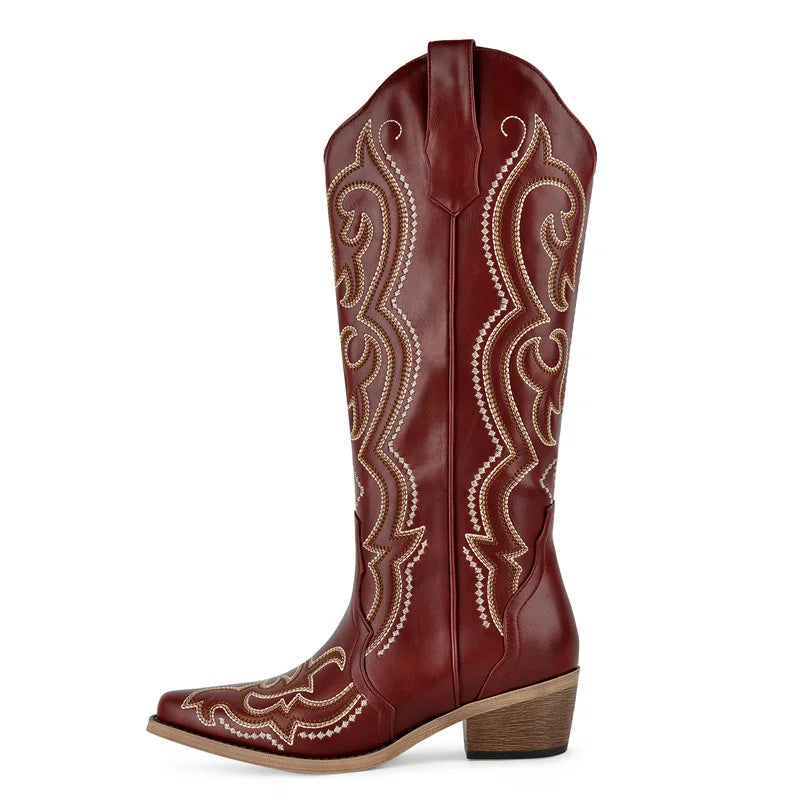 Bottes de Cowboy Femme | Montantes Genou, Broderie Occidentale, Talon Épais
