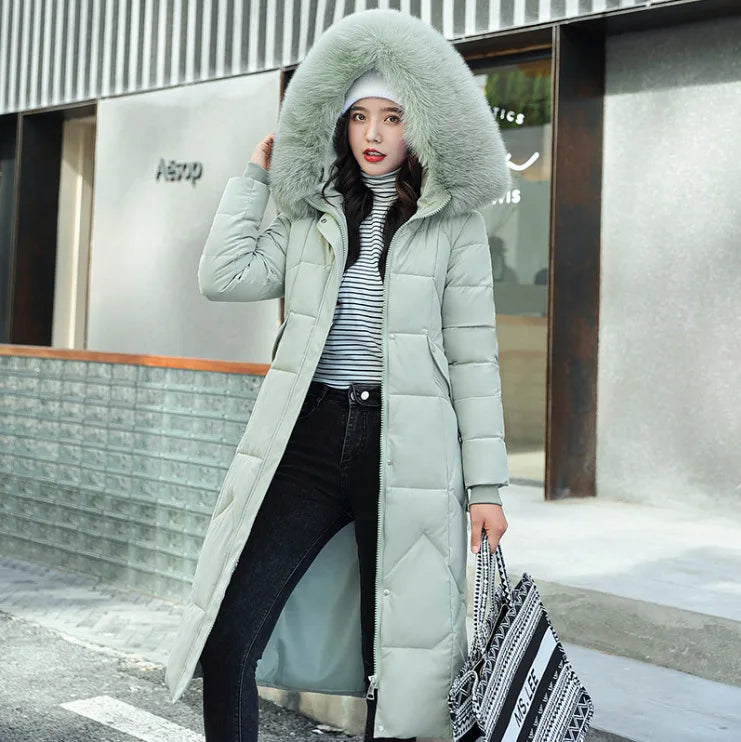 Doudoune longue femme capuche fourrure manches longues hiver, col fourrure zippée