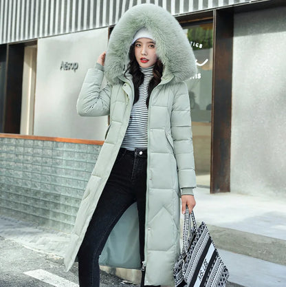 Doudoune longue femme capuche fourrure manches longues hiver, col fourrure zippée