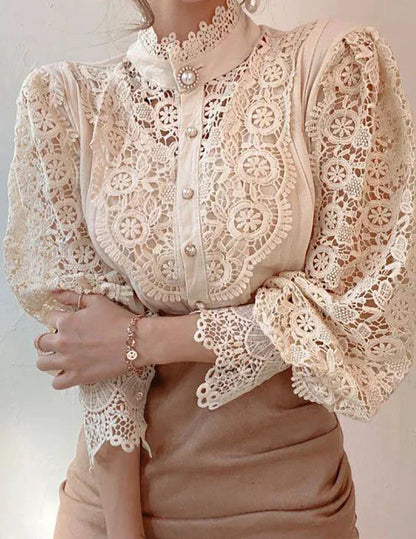 Chemise Col Haut Manches Bouffantes Dentelle Femme