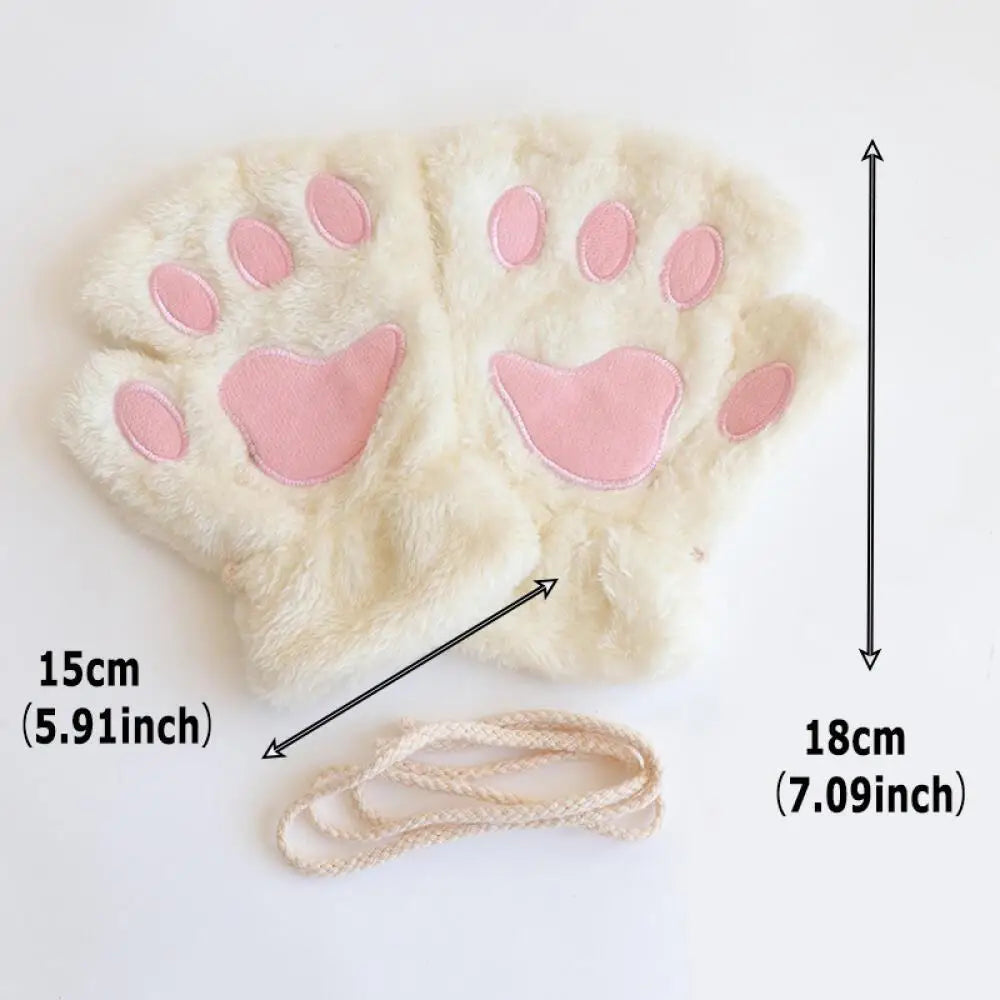 Gants sans doigts polaire patte de chat femme avec cordon anti-perte hiver