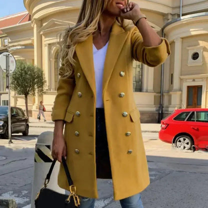 Manteau long boutonné femme col classique avec poches latérales