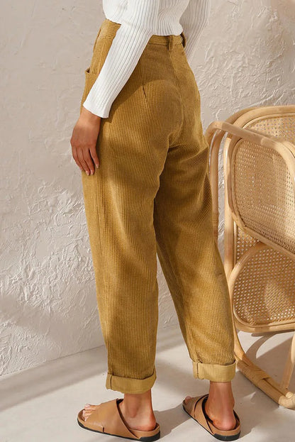 Pantalon velours femme taille élastique coupe droite côtelé couleur unie