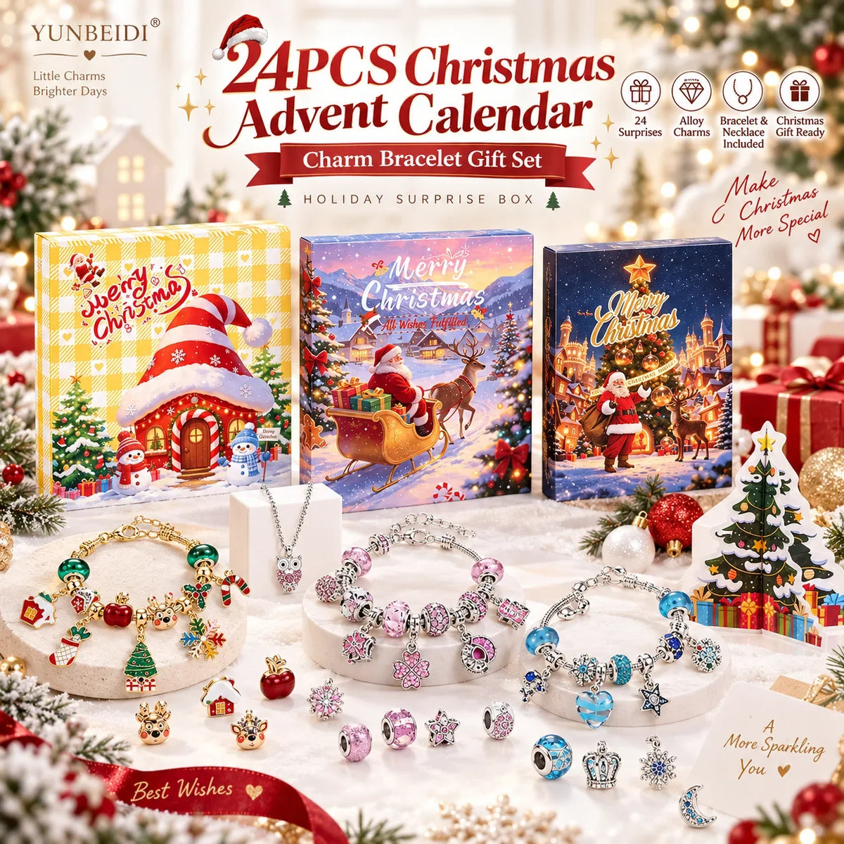 Calendrier de l'avent bracelet charms 24 jours métal Noël cadeau