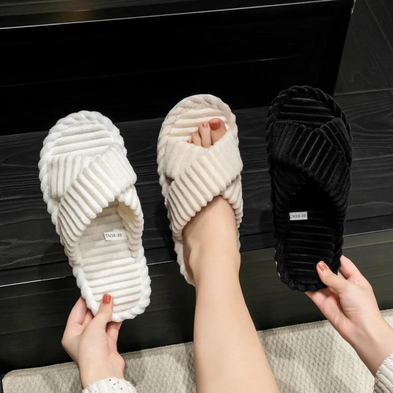 Pantoufles Femme Doublure Polaire | Bande Croisée, Semelle Souple | Automne Hiver