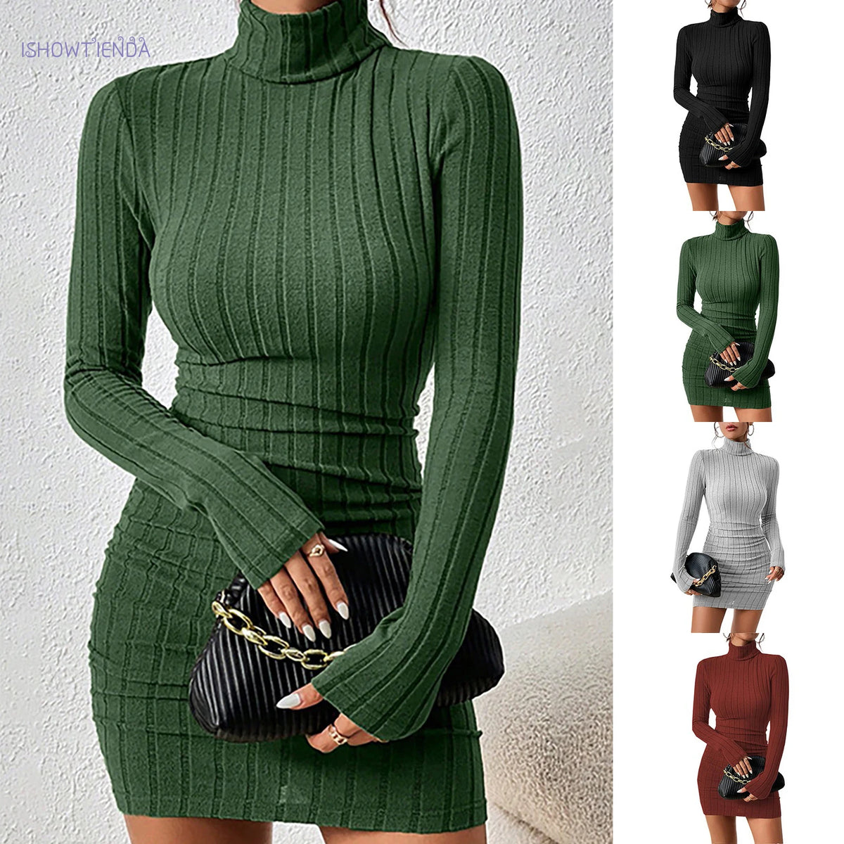 Robe pull femme col roulé moulante manches longues mini en maille douce